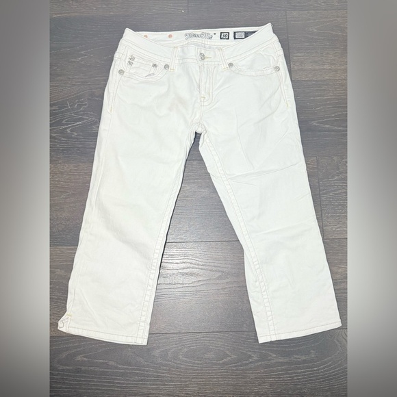 MISS ME Mid-Rise Capri Cuffed White Jeans Rhinestone Embellished - Picture 2 of 11
